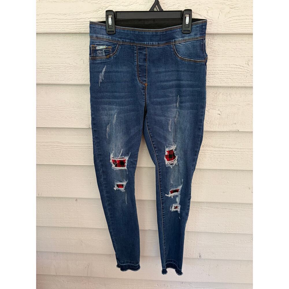 Coco + Carmen Distressed Buffalo Plaid Patch Skinny Jeans – Size Small - Picture 5 of 11